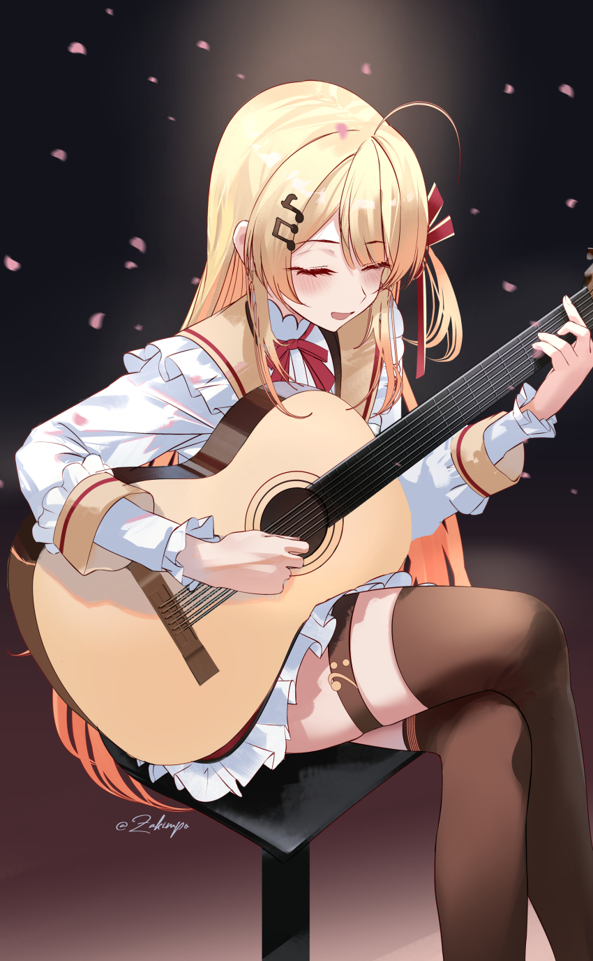 1girl absurdres acoustic_guitar ahoge beamed_eighth_notes blonde_hair brown_sailor_collar brown_thighhighs commentary_request crossed_legs eighth_note falling_petals fortissimo frilled_jacket frills guitar hair_ornament hair_ribbon hairclip highres holding holding_instrument hololive hololive_dev_is instrument jacket layered_sleeves long_hair long_sleeves music musical_note musical_note_hair_ornament neck_ribbon one_side_up open_mouth otonose_kanade otonose_kanade_(1st_costume) parted_bangs petals playing_instrument red_ribbon ribbon sailor_collar shirt short_over_long_sleeves short_sleeves sidelocks sitting solo thighhighs very_long_hair virtual_youtuber white_jacket white_shirt zakimpo