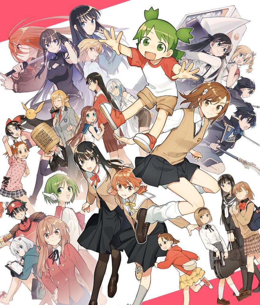 6+boys 6+girls ahoge aisaka_taiga akamatsu_yui alina_clover arcueid_brunestud ayari_(shinmai_shimai_no_futari_gohan) azumanga_daiou black_hair blonde_hair boku_to_gal_ga_fuufu_ni_naru_made brown_hair brown_sweater_vest cover dengeki_daioh emblem eromanga_sensei food green_hair guild_no_uketsukejou_desu_ga_zangyou_wa_iya_nanode_boss_wo_solo_toubatsu_shiyou_to_omoimasu gunslinger_girl hataraku_maou-sama! henrietta_(gunslinger_girl) highres holding holding_food holding_hands holding_pen holding_sword holding_weapon ichigo_mashimaro izumi_sagiri jidou_hanbaiki_ni_umarekawatta_ore_wa_meikyuu_wo_samayou jumping kirito koito_yuu koiwai_yotsuba lammis_(jihanki) long_hair mahouka_koukou_no_rettousei maou_sadao matsuoka_miu medium_hair misaka_mikoto mitsuboshi_colors momose_runa mukaido_manaka multi_(to_heart) multiple_boys multiple_girls nagi_no_asukara nakanaka_kishou_na_mitsuya-san nakatani_nio nanami_touko ninin_ga_shinobuden ninja noda_(omiai_ni_sugoi_comyushou_ga_kita) omiai_ni_sugoi_comyushou_ga_kita onsokumaru orange_hair pen red_hair sachi_(shinmai_shimai_no_futari_gohan) sakaki_(azumanga_daioh) school_emblem school_uniform shakugan_no_shana shana shiba_miyuki shin_no_jitsuryoku_wa_girigiri_made_kakushiteiyou_to_omou shinmai_shimai_no_futari_gohan shinobu_(ninin_ga_shinobuden) short_hair shorts shorts_under_skirt sitting smile standing summer_uniform sweater_vest sword sword_art_online textless_version tinasha_(unnamed_memory) to_heart to_heart_(series) toaru_kagaku_no_railgun toaru_majutsu_no_index tohmi_higashi_high_school_uniform tokiwadai_school_uniform toradora! tsukihime unnamed_memory weapon yagate_kimi_ni_naru yotsubato! yuno_astario