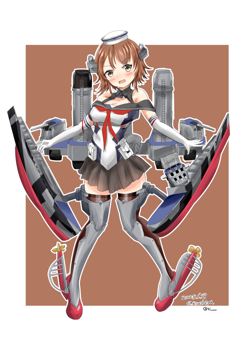 1girl black_sailor_collar black_skirt breasts brown_eyes brown_hair cannon cleavage dixie_cup_hat elbow_gloves flipped_hair gloves hat highres kantai_collection medium_breasts military_hat miniskirt neckerchief off-shoulder_shirt off_shoulder open_mouth pleated_skirt red_neckerchief richard_p._leary_(kancolle) rigging sailor_collar senon ship_turret shirt short_hair skirt smokestack solo thighhighs white_gloves white_hat