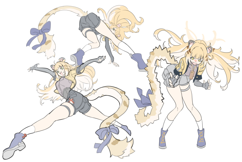 1girl :d animal_ears black_gloves black_shorts blonde_hair blue_boots blue_bow boots bow cropped_jacket elbow_gloves fingerless_gloves gloves green_eyes grey_shirt jacket ju_fufu long_hair multiple_views niihatigounana open_clothes open_jacket open_mouth outstretched_arms puffing_up pussy_juice running shirt shorts simple_background skindentation smile solo_focus standing surprised tail tail_bow tail_ornament thigh_strap tiger_ears tiger_girl tiger_tail wavy_mouth white_background yellow_jacket zenless_zone_zero