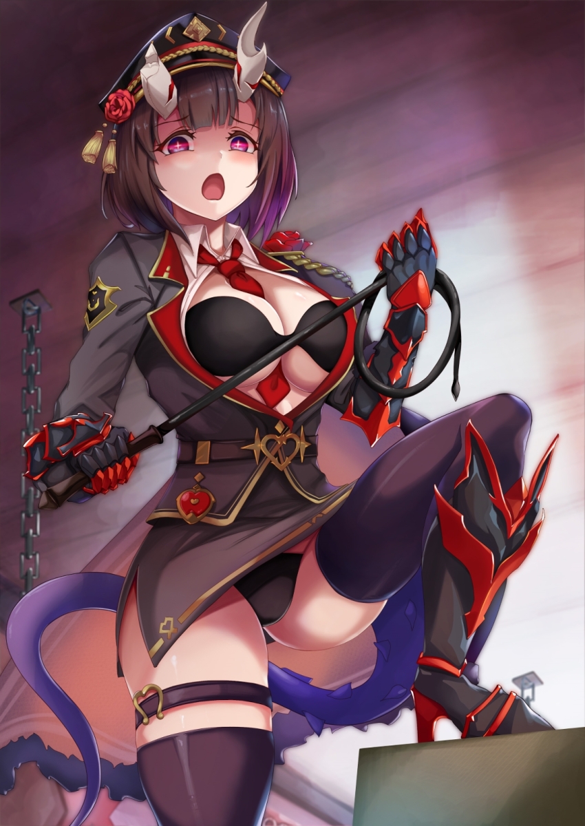 +_+ 1girl :o armored_boots between_breasts black_bra black_hair black_jacket black_panties black_skirt black_thighhighs blush boots bra breasts broken_horn chain cleavage demon_girl demon_horns eriko_(commander)_(princess_connect!) eriko_(princess_connect!) gauntlets glowing glowing_eyes hat heart_belt high_heel_boots high_heels highres holding holding_whip horns jacket large_breasts military_hat mononoke_(pixiv53597254) necktie necktie_between_breasts panties princess_connect! purple_eyes red_necktie short_hair single_shoulder_pad skirt solo spiked_tail symbol-shaped_pupils tail thigh_strap thighhighs underwear whip