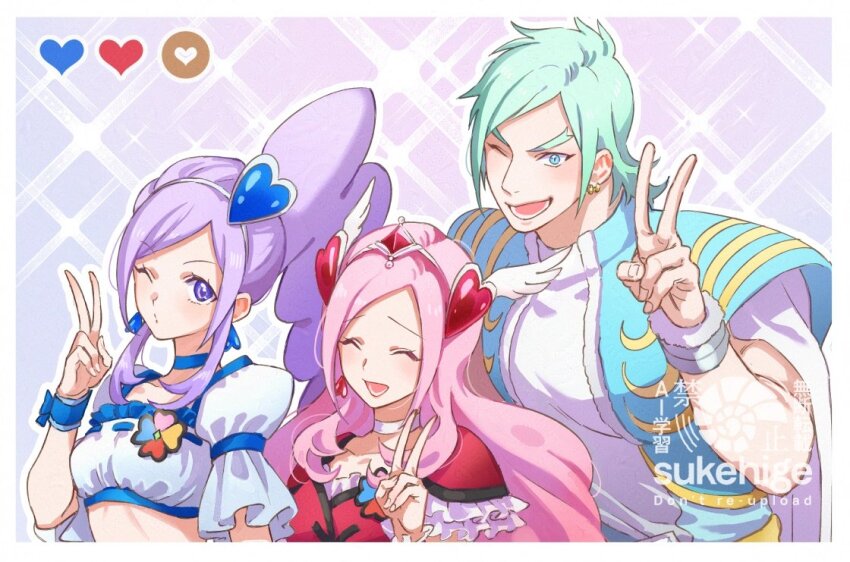 1boy 2girls blue_choker blue_eyes blue_jacket blue_wrist_cuffs cape choker closed_eyes commentary_request cure_berry cure_passion donut earrings food fresh_precure! frilled_sleeves frills fur-trimmed_wrist_cuffs gradient_background green_hair hair_ornament heart heart_earrings heart_hair_ornament jacket jewelry long_hair lower_teeth_only midriff multiple_girls one_eye_closed precure puffy_sleeves purple_eyes purple_hair shirt smile sparkle sukehige teeth thick_eyebrows v wester_(fresh_precure!) white_cape white_choker white_shirt wing_hair_ornament wrist_cuffs