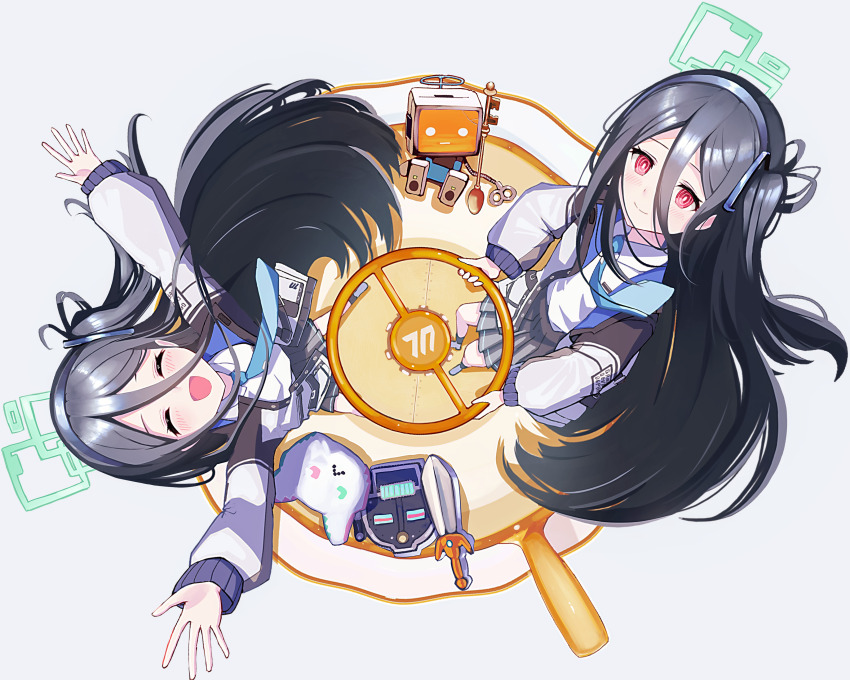 2girls :d ^_^ absurdres aqua_halo aris_(blue_archive) black_hair black_hairband black_skirt blue_archive blue_necktie blush bright_pupils closed_eyes closed_mouth collared_shirt commentary dress_shirt floating_hair foreshortening from_above full_body gogogoiru hairband halo happy highres jacket kei_(blue_archive) kei_(robot)_(blue_archive) long_hair looking_at_another millennium_science_school_logo miniskirt multiple_girls necktie open_clothes open_jacket open_mouth outstretched_arms playground_carousel pleated_skirt rectangular_eyewear red_eyes ringed_eyes school_uniform shirt simple_background skirt smile standing straight_hair very_long_hair white_background white_jacket white_pupils white_shirt