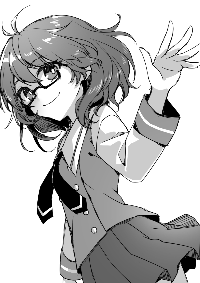 1girl absurdres buttons closed_mouth commentary_request double-breasted glasses greyscale highres kinese_(katasutorohu) long_hair long_sleeves looking_at_viewer monochrome pleated_skirt semi-rimless_eyewear simple_background skirt smile solo touhou under-rim_eyewear usami_sumireko vest waving white_background