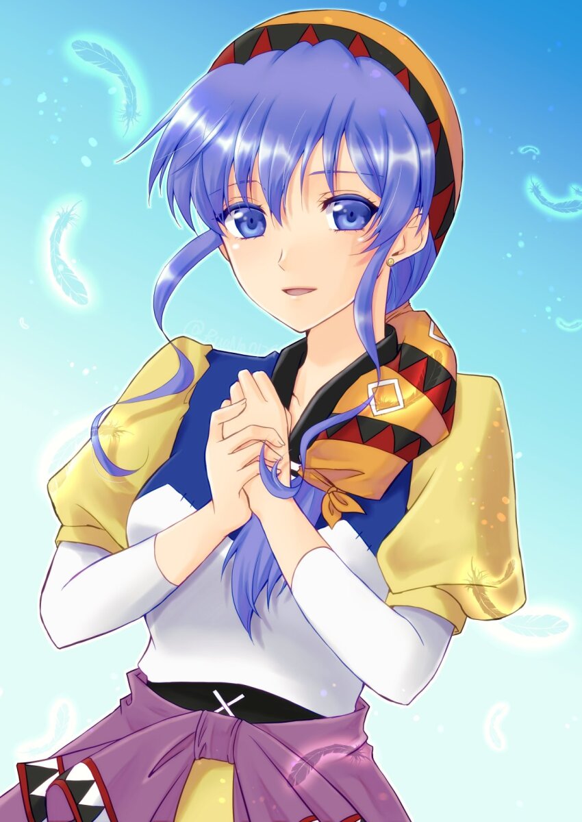 1girl :d bandana blue_eyes blue_hair breasts dress feathers highres long_hair looking_at_viewer luna_noah lunar:_the_silver_star open_mouth ponytail ruuna_yume smile solo