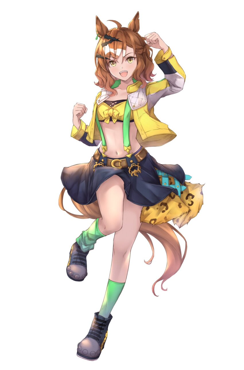 1girl animal_ears ankle_boots black_boots blue_skirt boots breasts brown_hair collarbone commentary_request crop_top full_body hair_between_eyes hair_ornament highres horse_ears horse_girl horse_tail jacket jungle_pocket_(umamusume) lace-up_boots long_sleeves looking_at_viewer midriff multicolored_hair navel notched_ear peperoncino-sama simple_background skirt small_breasts steel-toe_boots suspender_skirt suspenders tail umamusume white_background white_hair yellow_eyes yellow_jacket