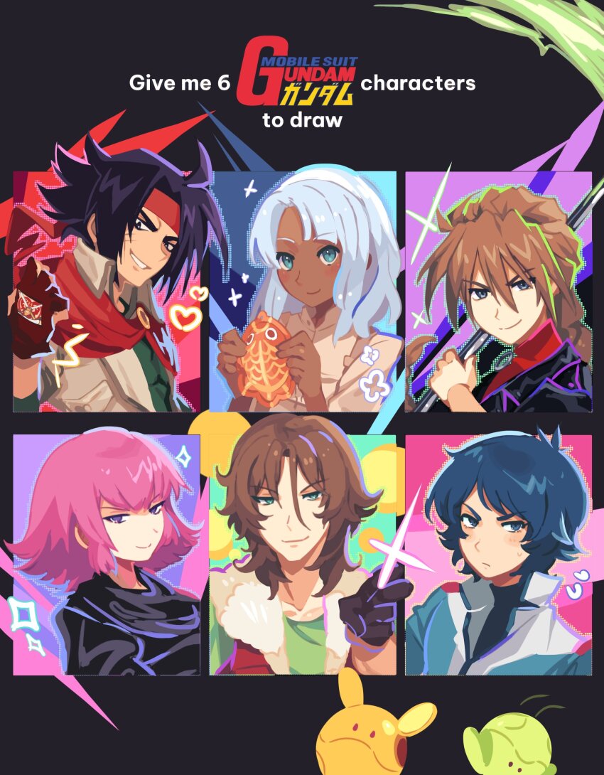 1girl 5boys absurdres anzu_(anzuhan) beam_scythe black_eyes black_gloves black_hair black_jacket black_shirt blue_eyes blue_hair blue_jacket blush_stickers brown_gloves brown_hair brown_shirt closed_mouth copyright_name dark-skinned_male dark_skin domon_kasshu duo_maxwell english_text facial_scar fingerless_gloves flying_sweatdrops fur-trimmed_vest fur_trim g_gundam gloves green_eyes green_shirt grey_hair grin gundam gundam_00 gundam_wing gundam_zz hair_between_eyes haman_karn haro headband heart high_collar highres holding holding_scythe holding_toy jacket kamille_bidan lockon_stratos long_hair looking_at_viewer loran_cehack low_ponytail medium_hair multiple_boys multiple_drawing_challenge non-humanoid_robot pink_hair ponytail purple_eyes red_headband red_scarf robot scar scar_on_cheek scar_on_face scarf scythe shirt short_hair six_fanarts_challenge smile smug sparkle sweatdrop toy turn_a_gundam v v-shaped_eyebrows vest zeta_gundam