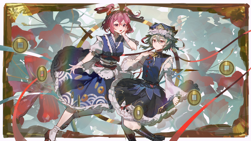 2girls absurdres black_boots black_skirt blue_eyes blue_skirt blue_vest boots closed_mouth coin ender_xiaohai expressionless flower frills green_hair hair_between_eyes hand_on_own_cheek hand_on_own_face hat highres long_sleeves medium_hair multiple_girls onozuka_komachi open_mouth red_eyes red_hair rod_of_remorse shiki_eiki shirt shoes short_hair short_sleeves skirt smile socks spider_lily touhou two_side_up vest white_shirt white_socks