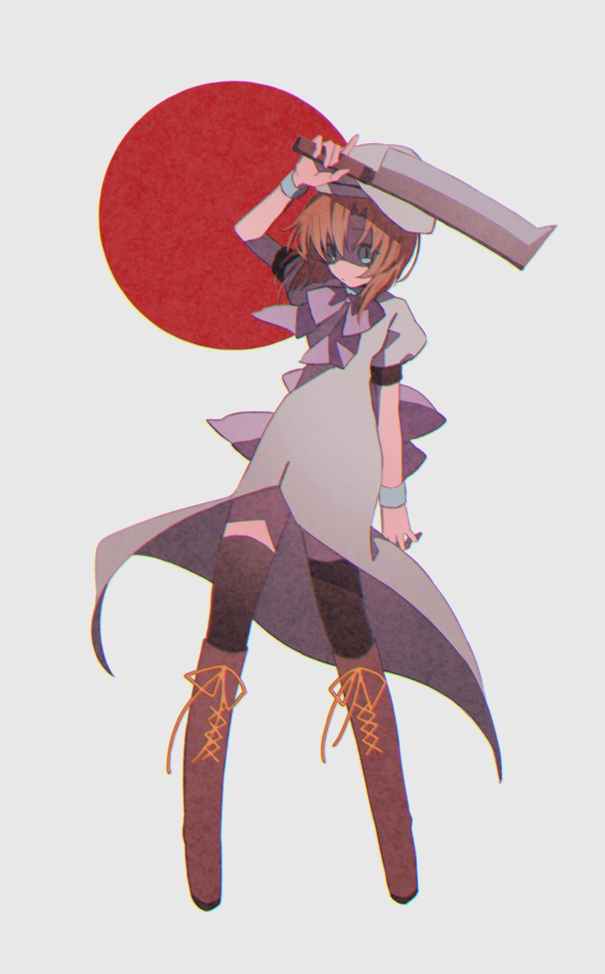 1girl absurdres arm_behind_back arm_up beret black_thighhighs blue_eyes boots bow bowtie brown_boots chromatic_aberration circle closed_mouth commentary_request dress full_body hair_between_eyes hashitsuki_nata hat hatchet highres higurashi_no_naku_koro_ni knee_boots lace-up_boots looking_at_viewer medium_hair mura_konbane nata_(tool) orange_hair puffy_short_sleeves puffy_sleeves purple_bow purple_bowtie red_sun ryuuguu_rena short_sleeves simple_background slit_pupils solo standing thighhighs white_background white_dress white_hat wristband