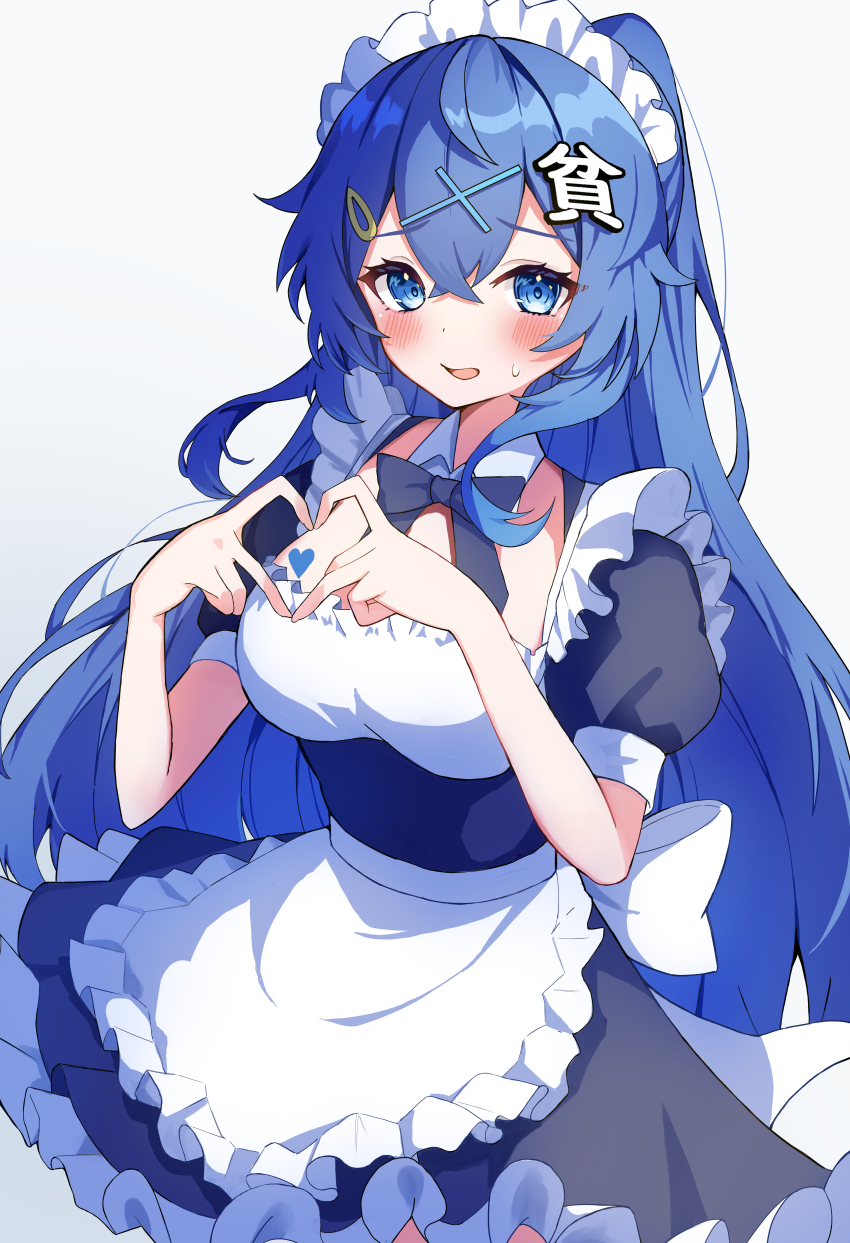 1girl absurdres alternate_costume apron black_bow black_bowtie black_dress blue_eyes blue_hair blush bow bowtie breasts commentary_request cowboy_shot crossed_bangs dress enmaided frilled_dress frills hair_between_eyes hair_ornament heart heart_hands highres kaminose_(user_veum4325) kanji_hair_ornament long_hair looking_at_viewer maid maid_headdress medium_breasts open_mouth puffy_short_sleeves puffy_sleeves short_sleeves simple_background solo touhou very_long_hair waist_apron white_apron white_background x_hair_ornament yorigami_shion