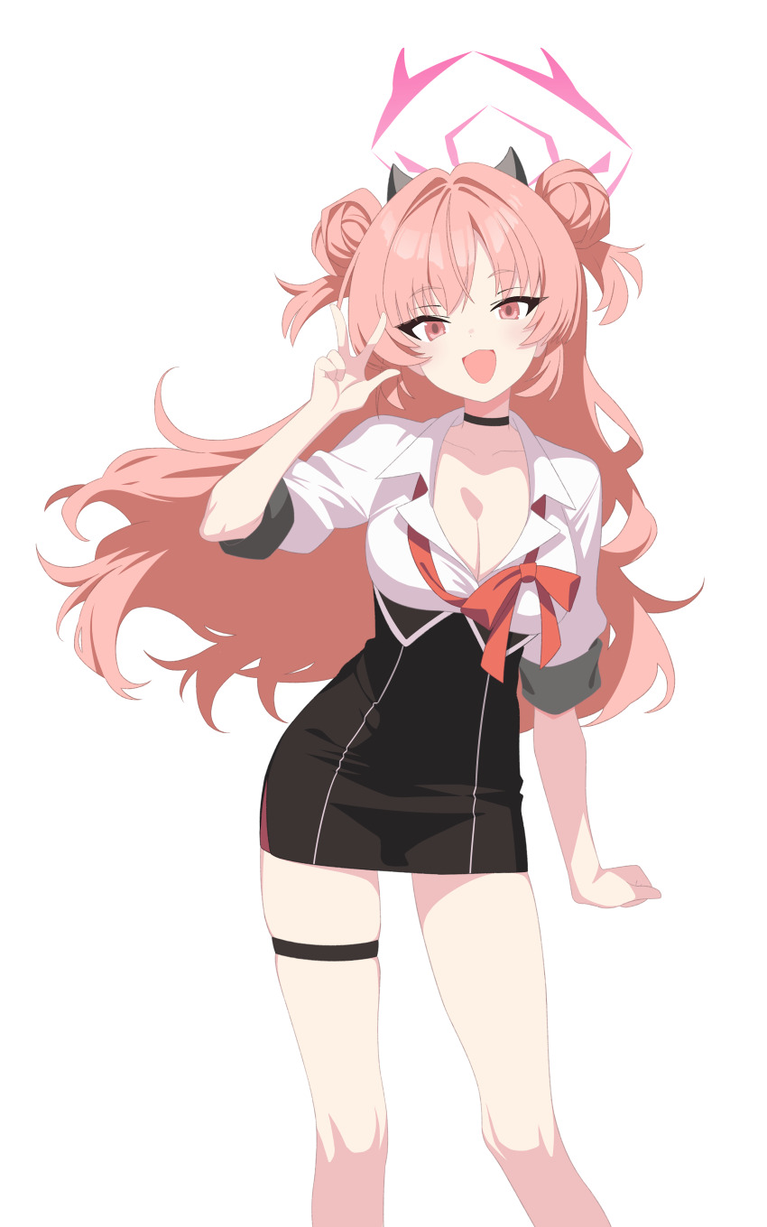 1girl :d absurdres black_choker black_horns black_skirt blue_archive bow bowtie breasts c-r-carlos choker cleavage clenched_hand collarbone collared_shirt commentary demon_horns double_bun feet_out_of_frame floating_hair hair_bun hair_intakes halo hand_up high-waist_skirt highres horns kirara_(blue_archive) large_breasts long_hair long_sleeves looking_at_viewer loose_bowtie miniskirt open_mouth parted_bangs pencil_skirt pink_eyes pink_hair pink_halo red_bow red_bowtie school_uniform shirt side_up_bun simple_background skirt sleeves_rolled_up smile solo symbol-only_commentary thigh_strap thighs tsurime two_side_up very_long_hair w white_background white_shirt