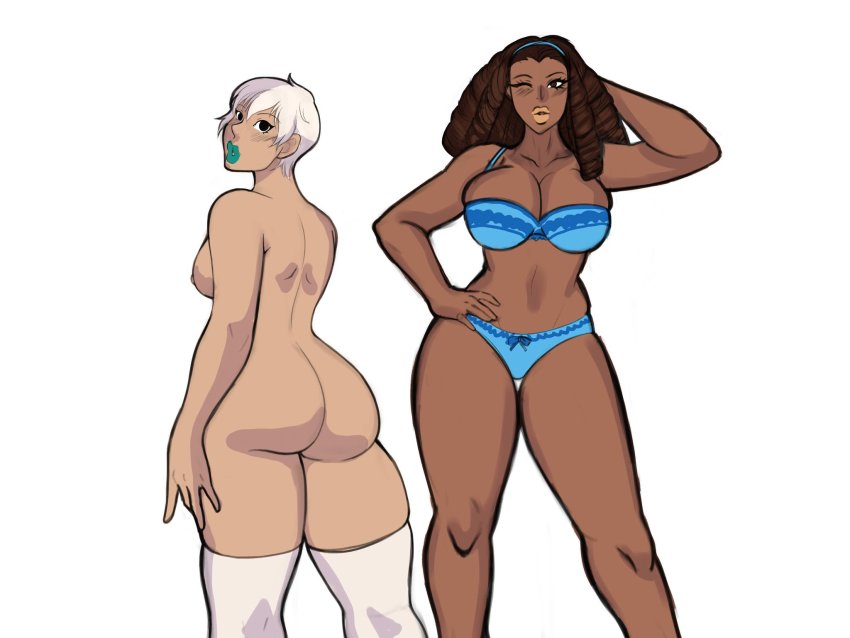 2girls ass back breasts cleavage curly_hair dark-skinned_female dark_skin highres huge_ass jazz_(jsr) jet_set_radio jet_set_radio_future large_breasts lingerie lipstick looking_back makeup multiple_girls navel nipples nude one_eye_closed panties piranha_(jsr) rudiequeen sega short_hair skindentation thick_lips thighhighs underwear very_short_hair wide_hips wink