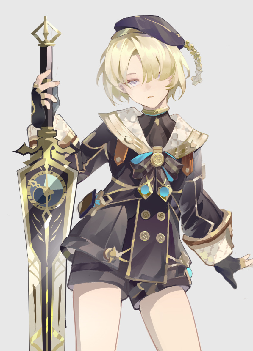 1boy black_coat black_gloves black_shorts blonde_hair coat fingerless_gloves freminet_(genshin_impact) genshin_impact gloves greatsword grey_background hair_over_one_eye highres male_focus multicolored_male_swimwear naodongyinjunzi parted_lips purple_eyes shorts simple_background solo sword the_bell_(genshin_impact) weapon