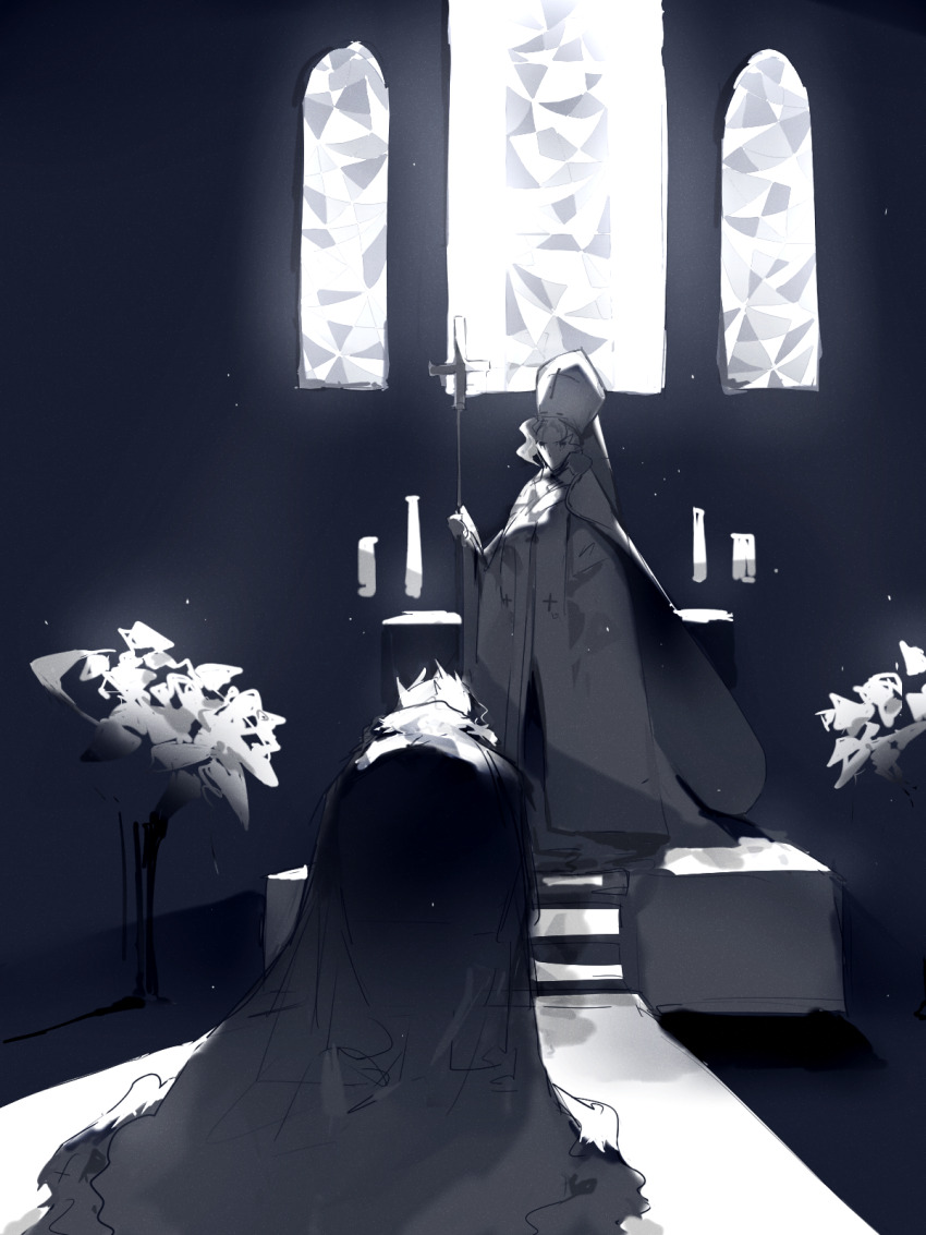2boys alternate_costume alternate_universe candle cape carpet cassock chinese_commentary church collared_cape commentary_request cross cross_print dinned full_body fur-trimmed_cape fur_trim greyscale hat high_collar highres holding holding_staff indoors jojo_no_kimyou_na_bouken kakyoin_noriaki kneeling kuujou_joutarou light_particles long_sleeves looking_at_another male_focus mitre monochrome multiple_boys plant potted_plant priest short_hair staff stained_glass stairs two-sided_cape two-sided_fabric wavy_hair wide_sleeves