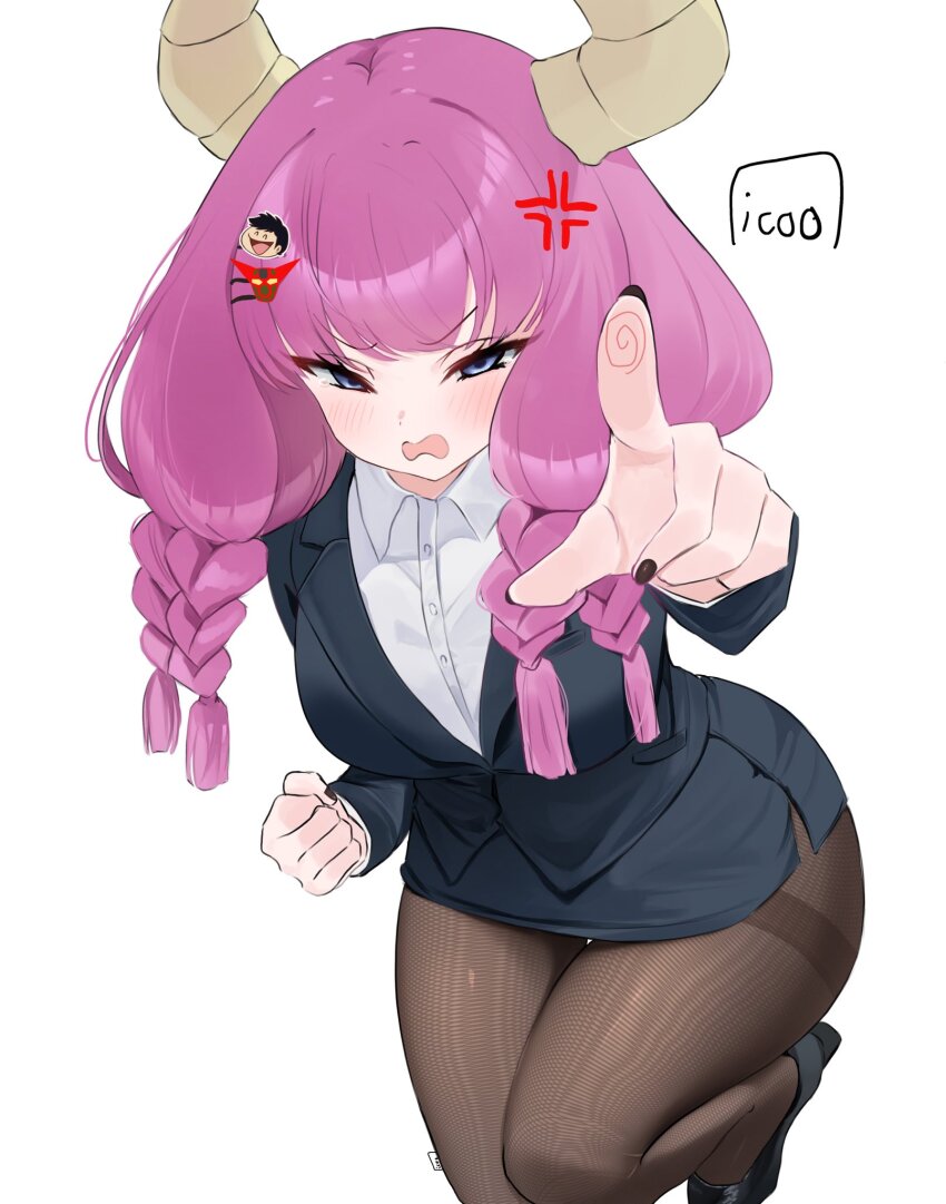 1girl alternate_costume anger_vein angry artist_name aura_(sousou_no_frieren) black_footwear black_jacket black_nails black_pantyhose black_skirt blue_eyes blush braid breasts character_hair_ornament clenched_hand collared_shirt commentary demon_girl demon_horns english_commentary fine_fabric_emphasis fingernails fingerprint getter-1 getter_robo hair_ornament high_heels highres horns icoo index_finger_raised jacket large_breasts long_fingernails long_hair long_sleeves looking_at_viewer multiple_braids nagare_ryoma nail_polish office_lady open_mouth pantyhose pencil_skirt pointing pointing_at_viewer pumps purple_hair shirt simple_background skirt solo sousou_no_frieren standing standing_on_one_leg suit_jacket tearing_up thighband_pantyhose v-shaped_eyebrows wavy_mouth white_background white_shirt