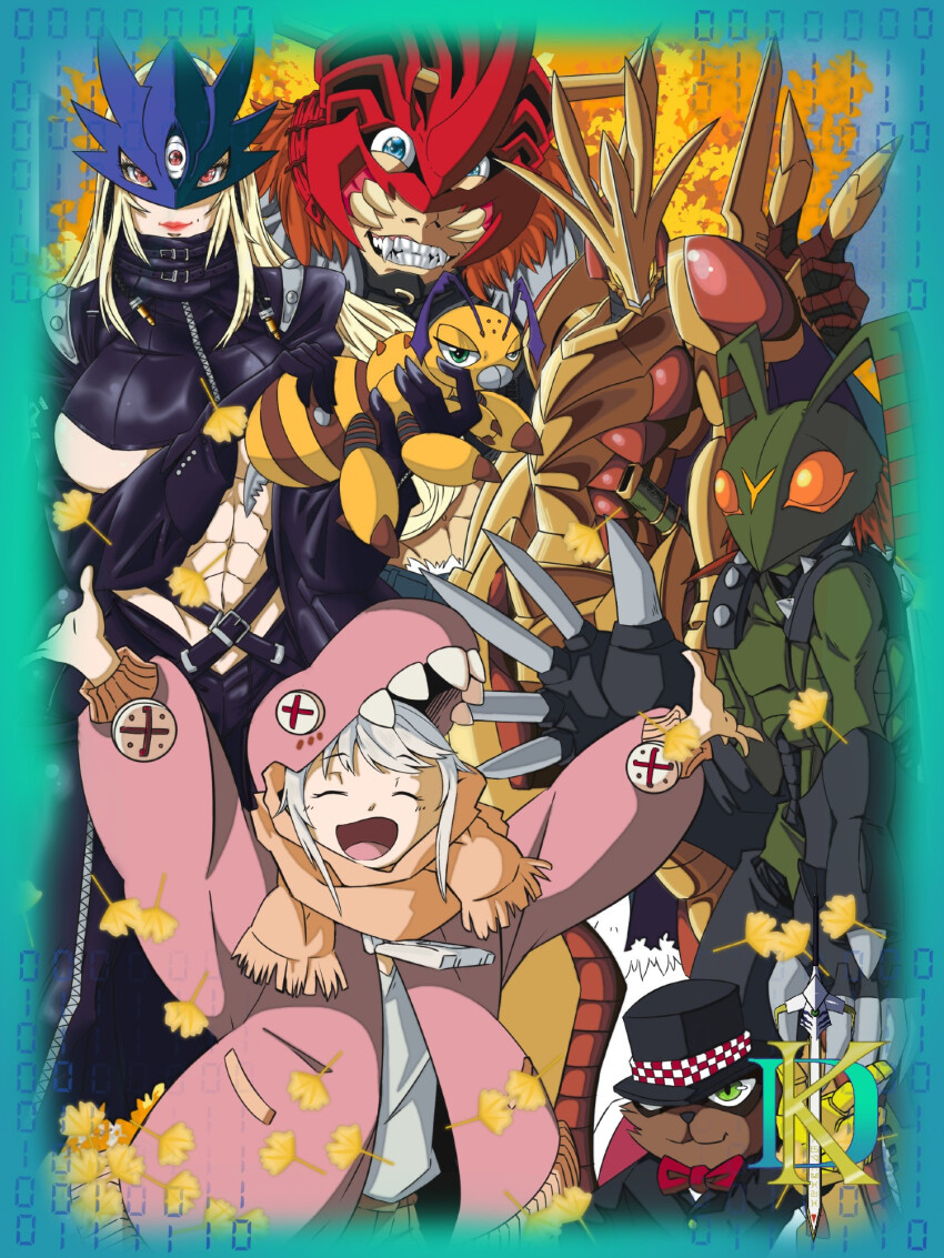 atlurkabuterimon atlurkabuterimon_(red) beelstarmon belt breasts digimon digimon_(creature) funbeemon grademon highres long_hair mask oridigi stingmon third_eye underboob