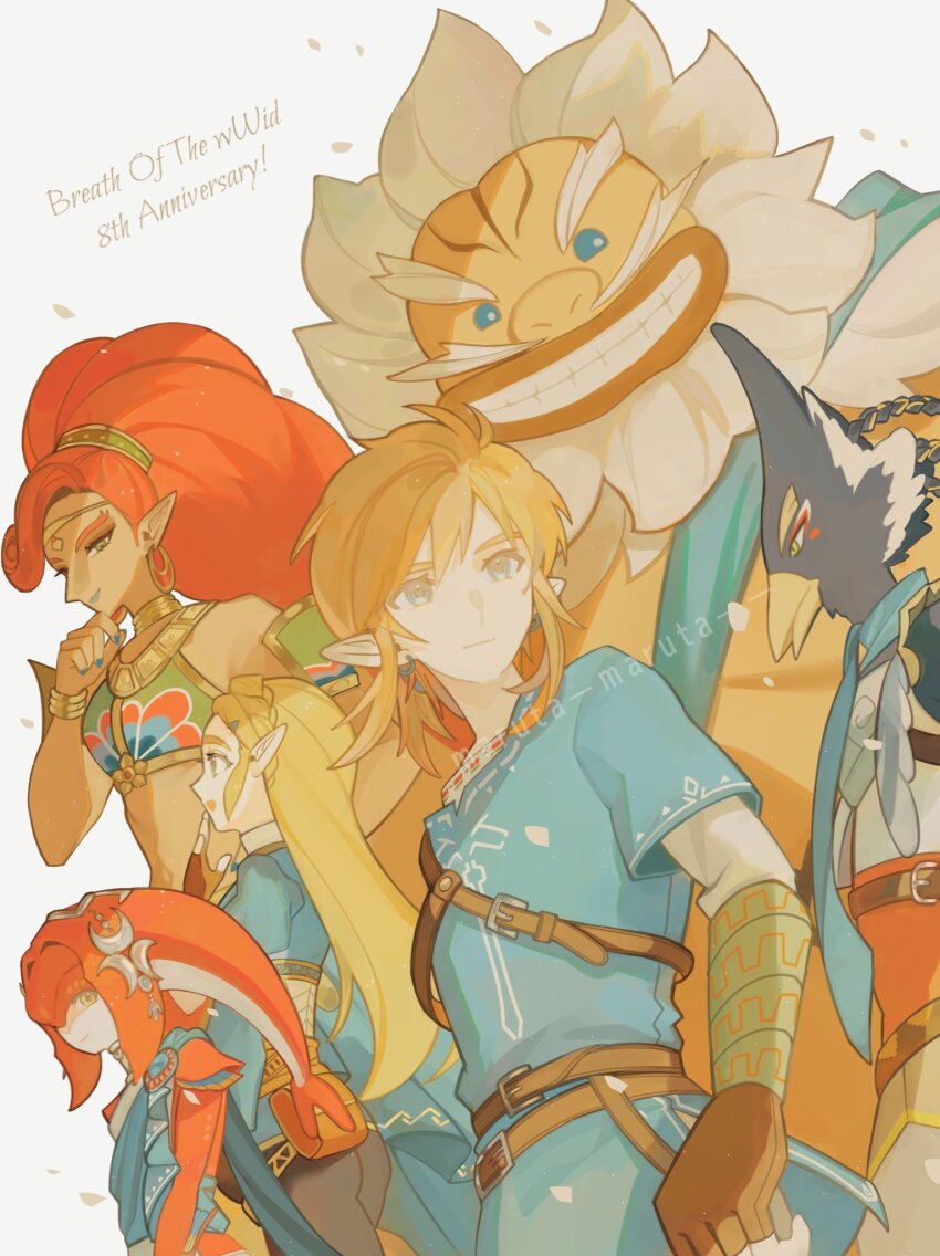 3boys 3girls anniversary aqua_tunic bangle bare_shoulders beard bird_boy blonde_hair blue_eyes blue_lips blue_nails blue_scarf bracelet braid brown_gloves circlet closed_mouth colored_skin crop_top crown_braid daruk earrings facial_hair fingerless_gloves fins fish_girl forked_eyebrows gerudo gloves gold_bracelet gold_trim gorget goron grey_hair grin hair_ornament hairclip hand_to_own_mouth head_fins highres hoop_earrings jewelry light_smile link long_hair looking_at_another maruta_maruta midriff mipha multicolored_skin multiple_boys multiple_girls nail_polish nintendo open_mouth parted_lips pointy_ears princess_zelda red_hair red_skin revali rito scarf shirt sidelocks smile swept_bangs tan the_legend_of_zelda the_legend_of_zelda:_breath_of_the_wild thick_lips tunic two-tone_skin upper_body urbosa white_background white_shirt white_skin wide_ponytail yellow_eyes zora