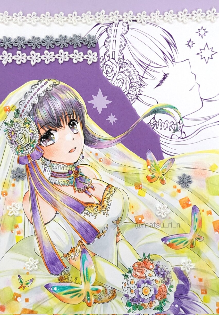 1girl black_hair bouquet breasts bridal_veil bride bug butterfly chika_1 choker cleavage closed_eyes dress earrings fire_emblem fire_emblem:_genealogy_of_the_holy_war fire_emblem_heroes flower gloves hair_flower hair_ornament highres holding holding_bouquet insect jewelry larcei_(bride_of_astra)_(fire_emblem) larcei_(fire_emblem) looking_at_viewer nintendo ribbon rose sidelocks solo star_(symbol) strapless strapless_dress veil wedding_dress white_dress white_flower white_gloves white_rose