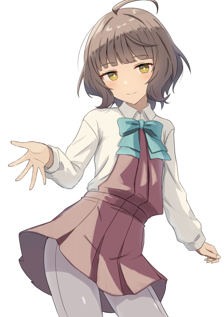 1girl absurdres ahoge aqua_bow aqua_bowtie blunt_bangs blush bow bowtie brown_hair commentary_request cowboy_shot dress grey_pantyhose highres kantai_collection kishinami_(kancolle) long_sleeves looking_at_viewer outstretched_hand pantyhose pleated_dress purple_dress seamed_legwear shirt short_hair simple_background smile solo sukimizaki wavy_hair white_background white_shirt yellow_eyes