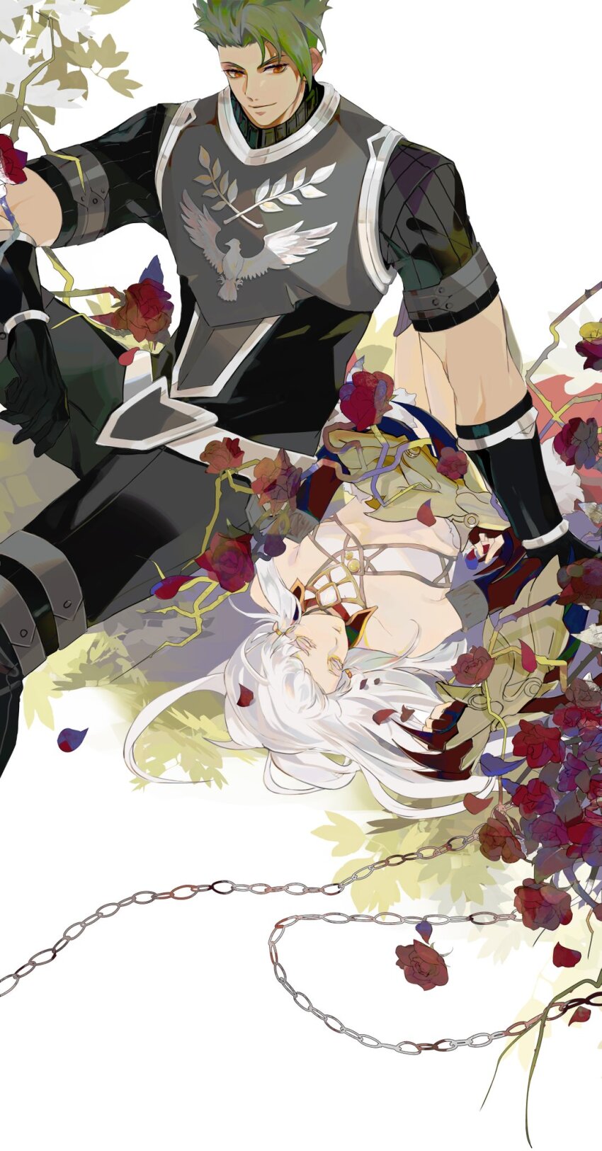 1boy 1girl achilles_(fate) armor asymmetrical_hair chain closed_eyes fate/apocrypha fate/grand_order fate_(series) flower green_hair highres long_hair penthesilea_(fate) rose sitting suzuri513 white_hair yellow_eyes