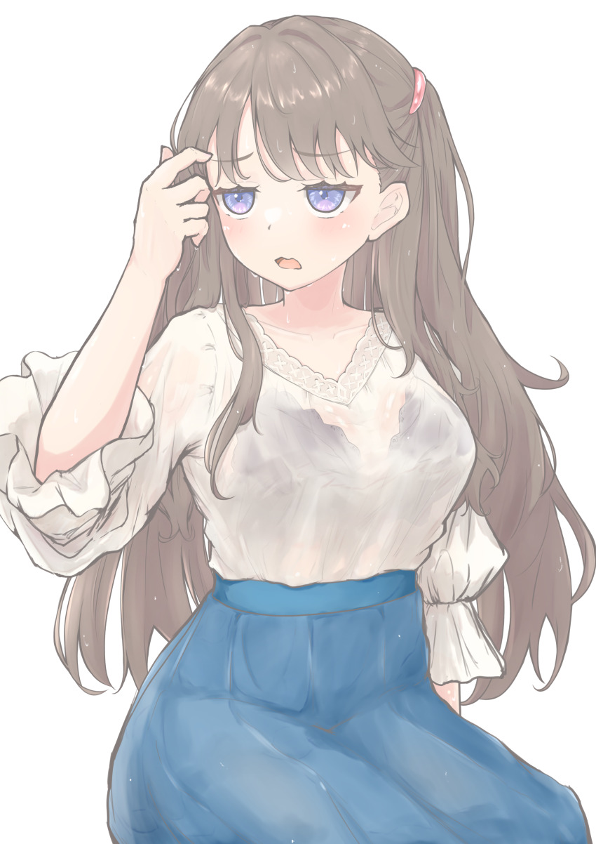 1girl absurdres black_bra blue_skirt bra bra_visible_through_clothes breasts brown_hair casual collarbone commentary_request cowboy_shot fujishima_megumi fujishima_megumi_(summer_casual) hand_up highres hot jitome large_breasts link!_like!_love_live! long_hair love_live! official_alternate_costume open_mouth pleated_skirt purple_eyes shirt sitting skirt three-quarter_sleeves solo sweat two_side_up underwear very_sweaty virtual_youtuber white_background white_shirt zacuro