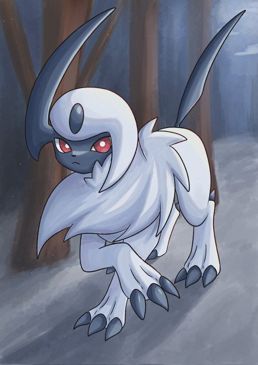 absol animal_focus claws closed_mouth gen_3_pokemon highres horns nintendo no_humans pokemon pokemon_(creature) red_eyes single_horn solo soruva_359 tree white_hair