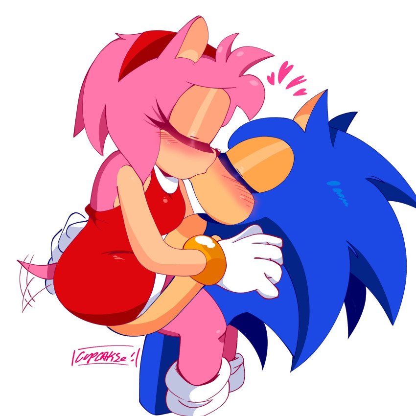 amy_rose artangelo381341 blue_flur blue_hair blush boots carrying carrying_person closed_eyes dress gloves hug kiss legs medium_hair pink_fur pink_hair sega sonamy sonic_(series) sonic_the_hedgehog tail tail_wagging