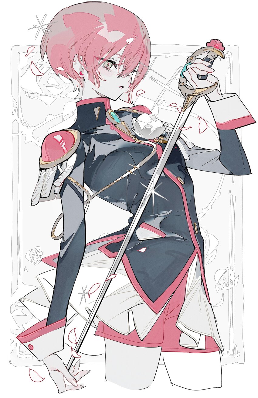 1girl absurdres amate_yuzuriha armor black_jacket blazer brooch cosplay cowboy_shot cropped_legs expressionless gundam gundam_gquuuuuux high-waist_shorts highres holding holding_sword holding_weapon jacket jewelry limited_palette parted_lips pauldrons petals red_hair red_shorts shirt short_hair short_shorts shorts shoujo_kakumei_utena shoulder_armor sleeve_cuffs solo suzumi_(ccroquette) sword tenjou_utena tenjou_utena_(cosplay) weapon white_shirt