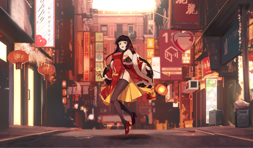 1girl :d absurdres ad alternate_costume balcony banner bare_shoulders billboard black_hair black_thighhighs branch brown_eyes building china_dress chinese_clothes chinese_commentary chinese_new_year city coat commentary door dress eyebrows_hidden_by_hair eyeshadow floating full_body fur-trimmed_coat fur_trim happy_new_year high_heels highres holding holding_branch holding_lantern houraisan_kaguya jeweled_branch_of_hourai lantern long_hair looking_at_viewer makeup new_year open_mouth outdoors paper_lantern red_coat red_dress red_footwear road sidelocks sidewalk sleeveless sleeveless_dress smile solo street teeth thighhighs touhou upper_teeth_only very_long_hair wb_yimo window