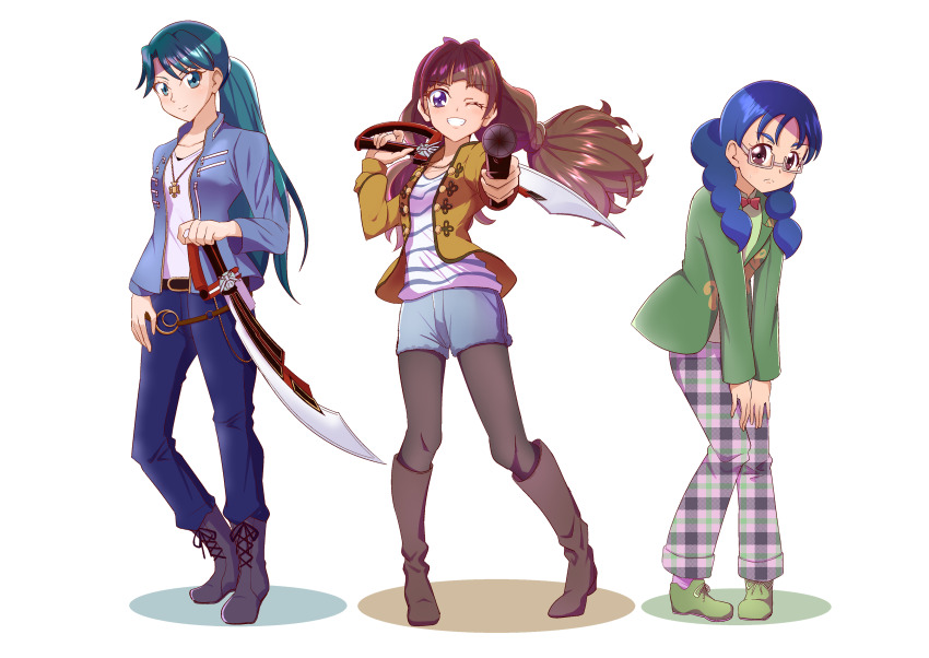 3girls absurdres aiming aiming_at_viewer amanogawa_kirara belt black_footwear black_pantyhose blazer blue_eyes blue_hair blue_jacket blue_pants blue_shorts boots bow bow_hairband bowtie braid brown_eyes brown_footwear brown_hair brown_jacket buttons closed_mouth coat collarbone color_connection cosplay cutlass denim denim_shorts don_dogoier don_dogoier_(cosplay) frown full_body glasses go!_princess_precure green_coat green_footwear green_shirt grey-framed_eyewear grin gun hairband highres holding holding_gun holding_sword holding_weapon jacket jeans jewelry joe_gibken joe_gibken_(cosplay) kaidou_minami kaizoku_sentai_gokaiger knee_boots kneeling long_hair low_twintails luka_millfy luka_millfy_(cosplay) multiple_girls nanase_yui necklace one_eye_closed open_clothes open_jacket pants pantyhose pantyhose_under_shorts parted_lips plaid_clothes plaid_pants ponytail precure purple_eyes purple_hairband red_bow red_bowtie semi-rimless_eyewear shirt shorts smile standing striped_clothes striped_shirt super_sentai sword tirofinire tokusatsu twintails uniform weapon white_shirt