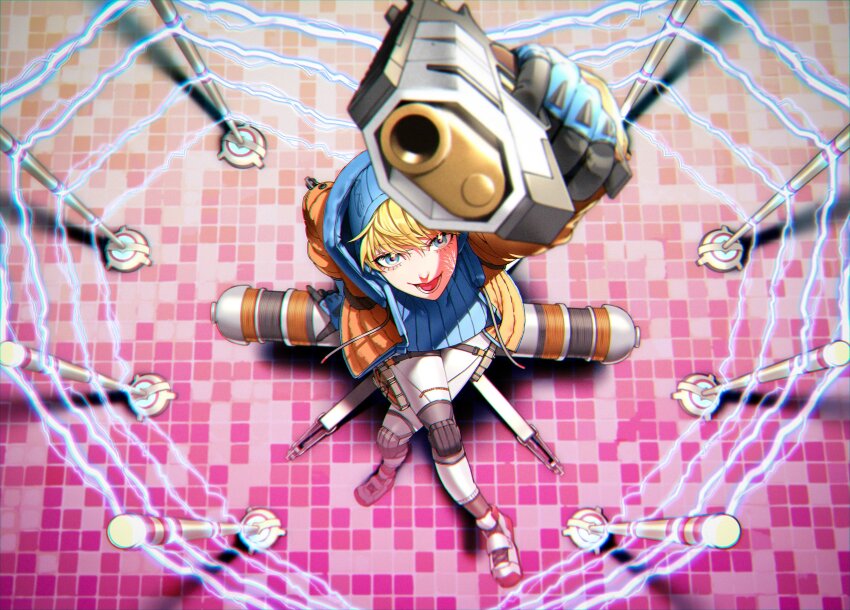 1girl anemia_kwus animification apex_legends b3_wingman blonde_hair blue_bodysuit blue_eyes blue_gloves bodysuit breasts commentary crossed_legs electricity facial_scar foreshortening from_above gloves gun handgun heart highres holding holding_gun holding_weapon hood hood_down hood_up hooded_bodysuit hooded_jacket jacket knee_pads medium_breasts open_mouth orange_jacket revolver ribbed_bodysuit scar scar_on_cheek scar_on_face sitting smile solo symbol-only_commentary wattson_(apex_legends) weapon white_bodysuit