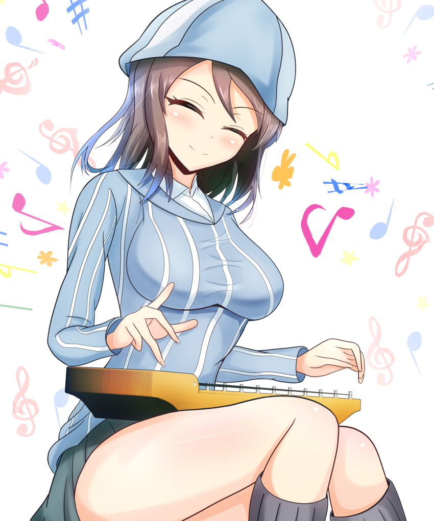 1girl blush breasts brown_hair closed_eyes closed_mouth girls_und_panzer highres instrument kantele keizoku_school_uniform kumaisao large_breasts long_hair mika_(girls_und_panzer) school_uniform smile solo