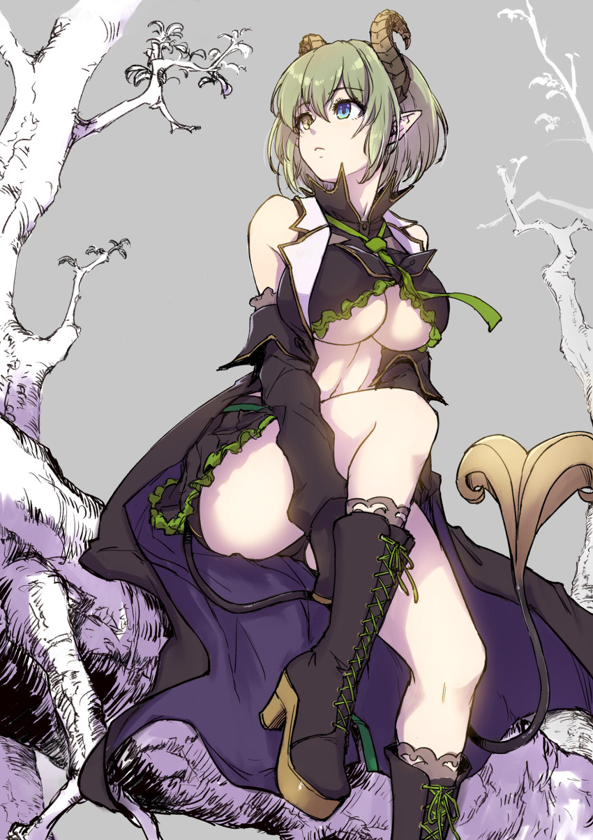 1girl absurdres bare_shoulders black_boots black_shirt black_skirt black_sleeves blue_eyes boots branch breasts brown_horns closed_mouth clothing_cutout colored_shoe_soles crop_top curled_horns demon_girl demon_horns demon_tail detached_sleeves expressionless foot_out_of_frame green_hair green_necktie grey_background hashtag-only_commentary heterochromia high_heel_boots high_heels highres horns jyaco large_breasts log long_sleeves looking_afar looking_to_the_side miniskirt monochrome_background nanashi_inc. navel necktie pointy_ears sekishiro_mico sekishiro_mico_(1st_costume) shirt short_hair sitting sitting_on_branch skirt sleeveless sleeveless_shirt solo tail tree underboob underboob_cutout virtual_youtuber yellow_eyes