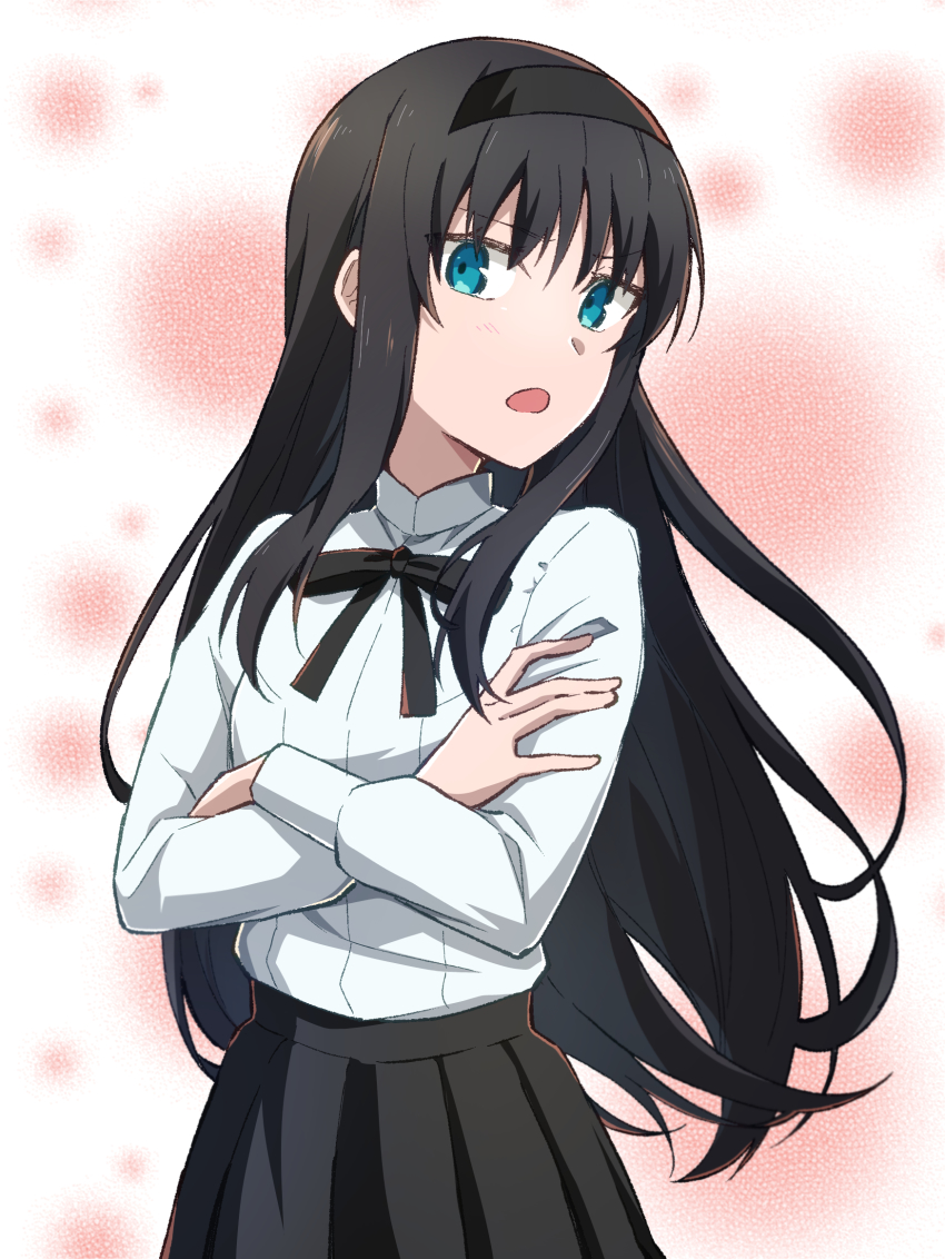 1girl azami_masurao black_hair black_hairband black_ribbon black_skirt blue_eyes crossed_arms hairband highres long_hair long_sleeves looking_at_viewer neck_ribbon open_mouth pleated_skirt ribbon shirt sketch skirt solo standing tohno_akiha tsukihime very_long_hair white_shirt
