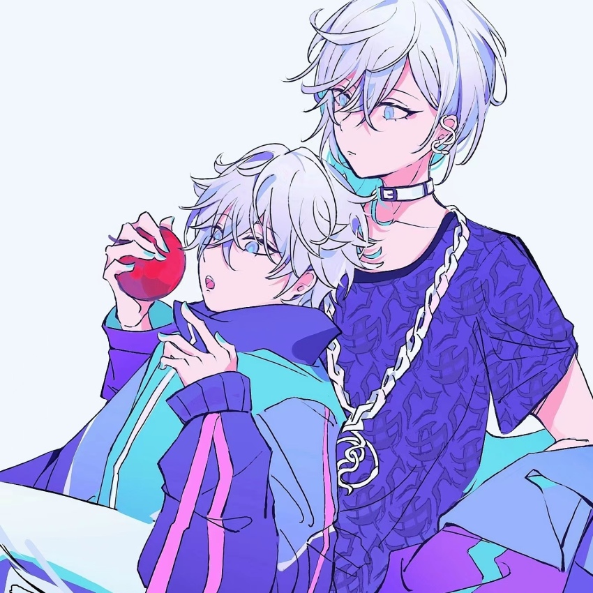 2boys apple aqua_hair brothers closed_mouth cozmez_(paradox_live) food fruit grey_background highres holding holding_food holding_fruit leaning_back leaning_on_person male_focus multicolored_hair multiple_boys open_mouth paradox_live phantometal_(paradox_live) purple_eyes purple_hair apple short_hair siblings simple_background teeth twins uni_yururururu yatonokami_kanata yatonokami_nayuta
