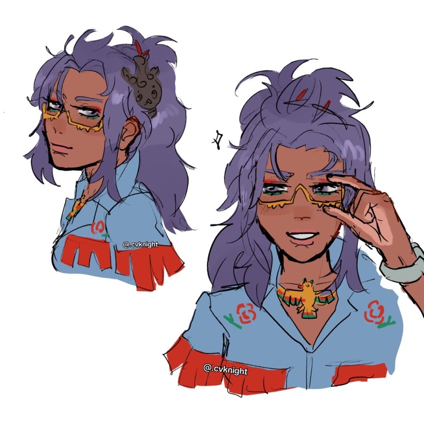 .cvknight 1girl adjusting_eyewear artist_name blue_shirt glasses hair_ornament long_hair looking_at_viewer multiple_views nintendo pokemon pokemon_sv purple_eyes purple_hair raifort_(pokemon) shirt simple_background watermark white_background