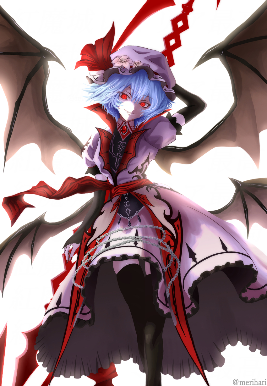 1girl absurdres artist_name bat_wings black_gloves black_pantyhose blue_hair brooch commentary_request dress fingerless_gloves flower frilled_dress frills gloves grin hair_between_eyes hat hat_flower hat_ribbon high_collar highres holding holding_polearm holding_weapon jewelry koumajou_densetsu looking_at_viewer merihari07 mob_cap multiple_wings open_mouth pantyhose pink_dress pink_hat polearm puffy_short_sleeves puffy_sleeves red_eyes red_nails red_ribbon remilia_scarlet ribbon sash shoes short_hair short_sleeves signature simple_background smile solo spear_the_gungnir touhou twitter_username weapon white_background wings