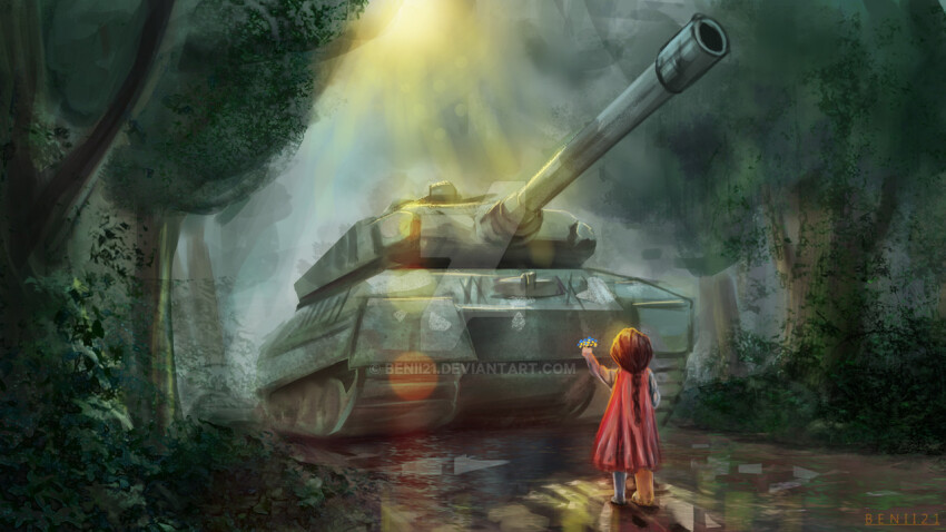 1other benii21 braid braided_ponytail brown_hair cape commentary english_commentary long_hair military_vehicle motor_vehicle original outdoors signature solo standing tank tree war