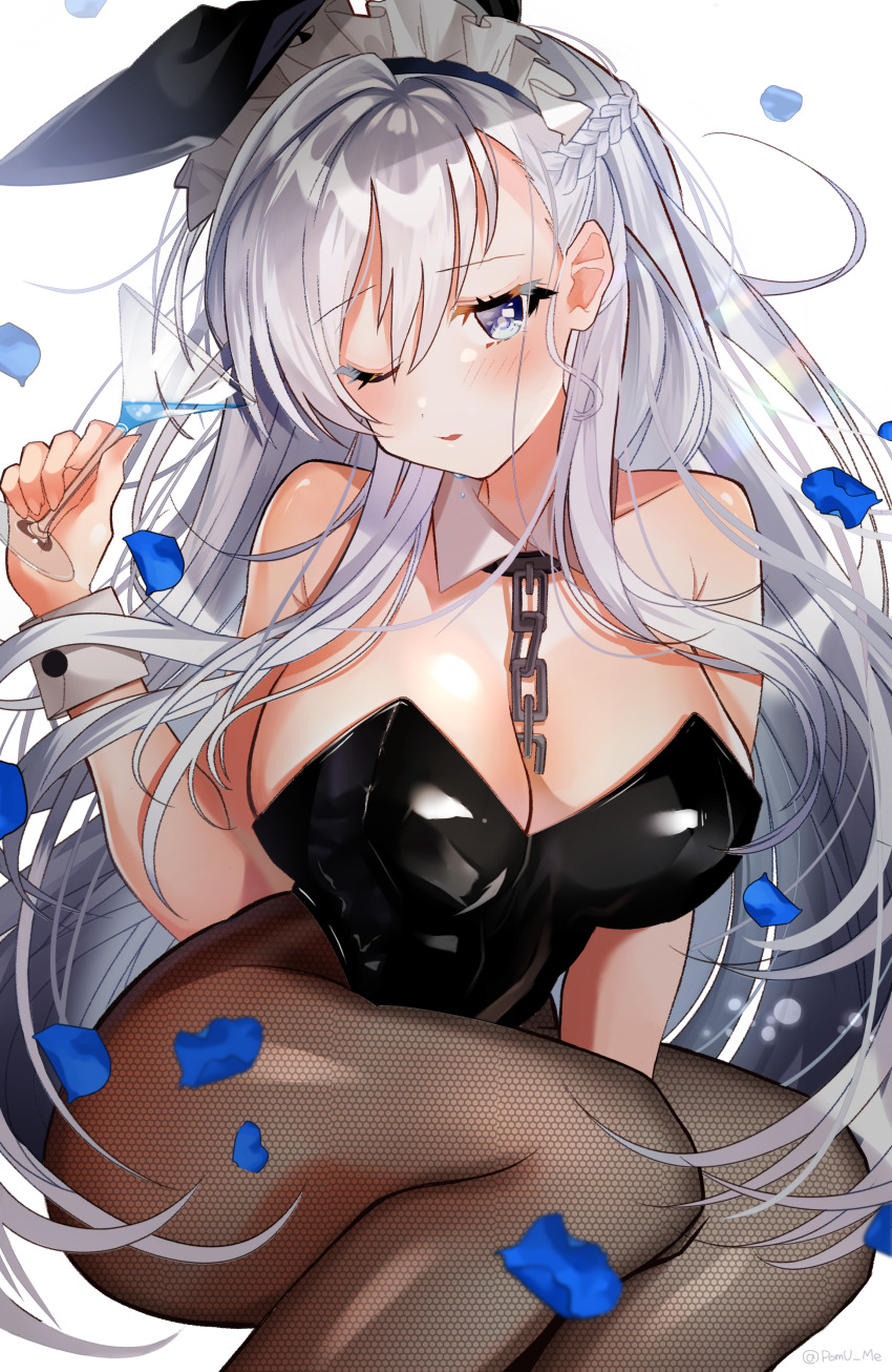 1girl absurdres alternate_costume animal_ears azur_lane belfast_(azur_lane) between_legs black_leotard black_pantyhose blue_eyes blush braid breasts chain cleavage collar collarbone cup detached_collar fake_animal_ears fishnet_pantyhose fishnets floating_hair hand_between_legs highres holding holding_cup large_breasts leotard long_hair looking_at_viewer maid_headdress one_eye_closed open_mouth pantyhose petals playboy_bunny pomu_(pomu_me) rabbit_ears rabbit_tail sidelocks simple_background sitting solo tail thighs white_background wind wrist_cuffs
