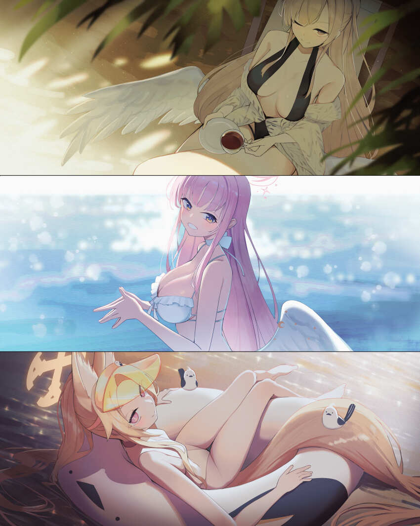 3girls :d above-cleavage_cutout absurdres angel_wings animal_ear_fluff animal_ears back bad_arm bare_legs bare_shoulders barefoot beach beach_chair bikini bird black_one-piece_swimsuit blonde_hair blue_archive blunt_bangs blurry blush bokeh breasts brown_eyes choker cleavage closed_mouth clothing_cutout collage commentary cross_halo crossed_bangs crossed_legs cup day depth_of_field feathered_wings feet feet_out_of_frame floating fox_ears fox_girl fox_tail frilled_bikini frills from_side front-tie_bikini_top front-tie_top gradient_halo hair_over_one_eye halo hand_up highleg highleg_one-piece_swimsuit highres holding holding_cup holding_plate huge_breasts innertube jacket large_breasts leaf long-tailed_tit long_hair long_tail looking_at_viewer looking_to_the_side low_wings mika_(blue_archive) mika_(swimsuit)_(blue_archive) multi-strapped_bikini_bottom multi-strapped_bikini_top multicolored_halo multiple_girls nagisa_(blue_archive) nagisa_(swimsuit)_(blue_archive) ocean official_alternate_costume official_alternate_hairstyle one-piece_swimsuit one_eye_closed open_mouth outdoors own_hands_together pink_eyes pink_hair pink_halo plate ponytail rafrog ribbon_choker sand seia_(blue_archive) seia_(swimsuit)_(blue_archive) sidelocks sitting skinny small_breasts smile steepled_fingers stomach sunlight sunset swim_ring swimsuit tail tea tea_party_(blue_archive) thick_thighs thighs tit_(bird) upper_body very_long_hair visor_cap white_bikini white_choker white_jacket white_one-piece_swimsuit white_wings wing_ornament wings yellow_eyes yellow_halo yellow_visor