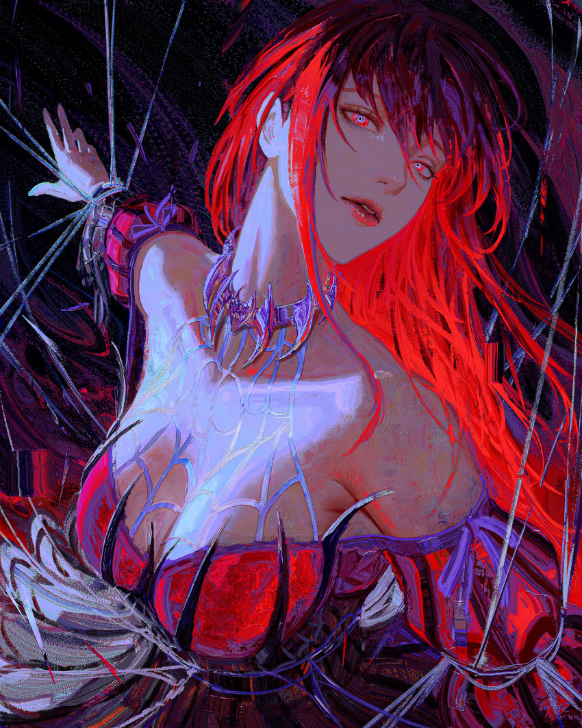 1girl arm_out_of_frame armpit_crease bare_shoulders breasts cleavage dress flowersbloodart halter_dress halterneck highres impasto jewelry large_breasts long_hair looking_at_viewer necklace outstretched_arm puffy_sleeves purple_ribbon red_dress red_eyes red_hair red_lips ribbon shade solo spinning string upper_body very_long_hair