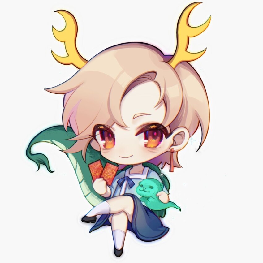1girl antlers blue_shirt blue_skirt card chibi dragon_girl dragon_horns dragon_tail earrings horns jewelry kicchou_yachie otter otter_spirit_(touhou) shirt shoes simple_background skirt socks solo tail touhou turtle_shell white_background white_socks wily_beast_and_weakest_creature yellow_horns yinco