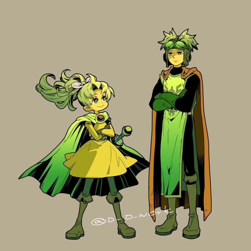 1boy 1girl belt black_bodysuit blonde_hair bodysuit boots bow brother_and_sister brown_boots brown_gloves cape closed_mouth commentary_request crossed_arms d_d_work dragon_quest dragon_quest_ii dress floating_hair full_body gem gloves goggles goggles_on_headwear green_cape green_eyes green_gloves green_tabard grey_background hair_bow height_difference high_ponytail highres long_hair long_sleeves looking_at_another orange_cape ponytail prince_of_samantoria princess_of_samantoria red_gemstone sheath sheathed siblings smile standing sword tabard twitter_username weapon white_bow yellow_dress