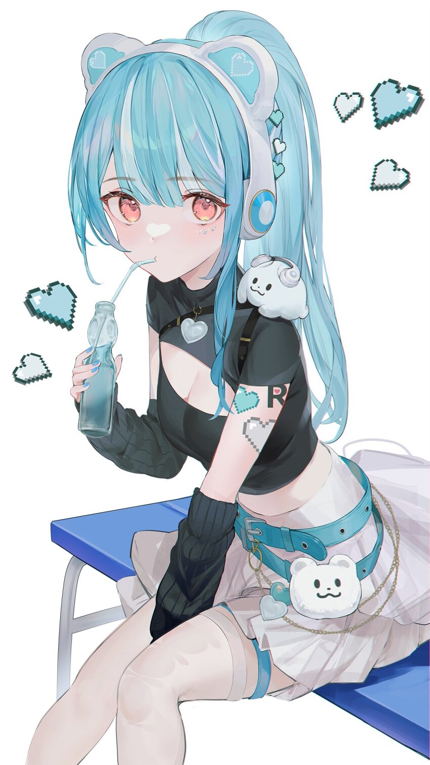 1girl animal_ear_headphones animal_ears arm_tattoo belt between_legs black_arm_warmers black_shirt blue_belt blue_hair breasts cat_ear_headphones chain chest_strap cleavage_cutout clothing_cutout crop_top drinking drinking_straw facial_mark fake_animal_ears frilled_skirt frills hair_ornament hand_between_legs headphones heart heart_facial_mark heart_hair_ornament heart_tattoo high-waist_skirt highres long_hair looking_at_viewer medium_breasts midriff multicolored_hair multiple_belts nail_polish nakashima_(pluscolor) pixel_heart pom_pom_(clothes) ponytail ramune red_eyes ribbon shiranami_ramune shiranami_ramune_(3rd_costume) shirt short_sleeves simple_background single_thighhigh skirt solo streaked_hair tattoo thigh_strap thighhighs turtleneck virtual_youtuber vspo! white_background white_hair white_skirt white_thighhighs