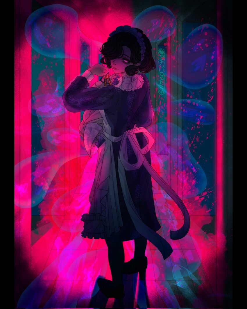 1girl apron backlighting black_hair blanket closed_mouth door dress from_behind full_body ghost glowing glowing_eye hair_over_one_eye hallway hand_up highres holding holding_blanket holding_key key long_dress looking_at_viewer maid maid_headdress one_eye_covered pink_eyes purple_dress remy_(rmj_draws) reverse:1999 short_hair solo standing swaddled tile_floor tiles tuesday_(reverse:1999) turning_head vignetting white_apron