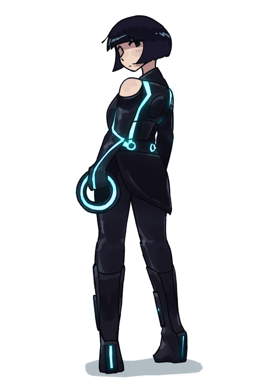 alezs black_boots black_dress blush boots breasts disc_(tron) dress highres holding holding_weapon looking_at_viewer looking_back neon_trim non-web_source quorra simple_background small_breasts tron tron:_legacy weapon white_background