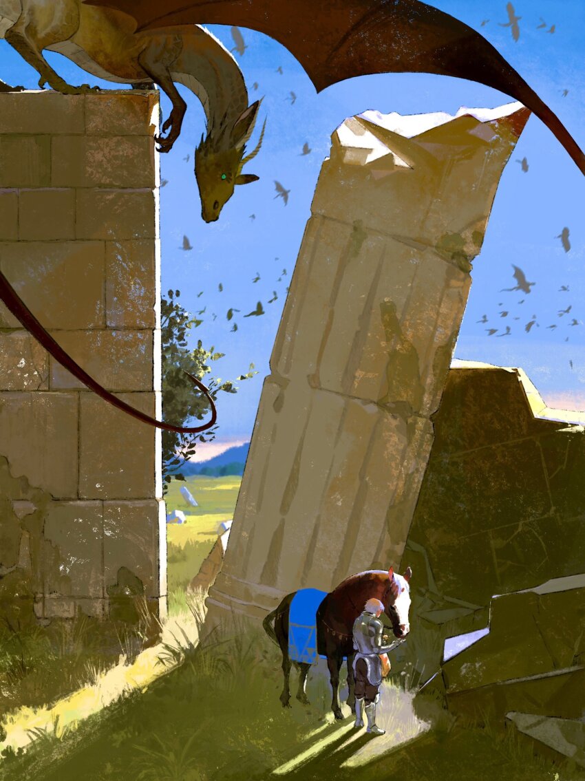 1boy animal armor balding blue_sky brown_horse commentary dappled_sunlight day dragon english_commentary flying from_behind grass highres holding horse huahua_zhu long_sleeves moss old old_man original outdoors pillar plant ruins scenery sky solo standing sunlight tree wide_shot