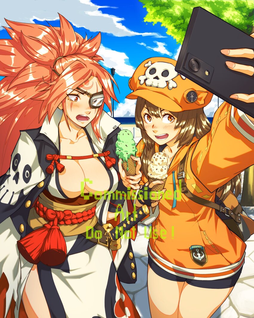 2girls absurdres amputee baiken big_hair bike_shorts black_gloves black_jacket black_kimono black_shorts breasts brown_hair cellphone cloud cloudy_sky eyepatch facial_tattoo fingerless_gloves food gloves guilty_gear guilty_gear_strive highres holding holding_food holding_ice_cream holding_phone hood hoodie ice_cream ice_cream_cone jacket jacket_on_shoulders japanese_clothes kimono large_breasts long_hair looking_at_viewer may_(guilty_gear) multicolored_kimono multiple_girls one-eyed open_clothes open_kimono open_mouth orange_eyes orange_headwear orange_hoodie orange_shirt outdoors phone pink_hair ponytail red_eyes samurai sash scar scar_across_eye scar_on_face shirt shorts skull_and_crossbones sky smartphone tattoo toadsterz torn_sleeve watermark white_kimono