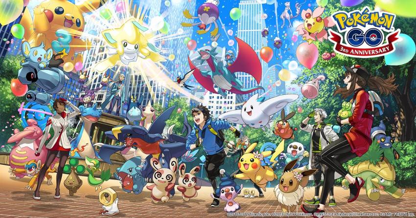 4boys 4girls ambipom anniversary backpack bag black_gloves black_leggings blanche_(pokemon) blonde_hair bonsly brown_hair budew camera candela_(pokemon) cherrim cherrim_(sunshine) commentary croagunk dark_skin drifblim drifloon eevee english_commentary female_protagonist_(pokemon_go) fingerless_gloves fire flame-tipped_tail gen_1_pokemon gen_2_pokemon gen_3_pokemon gen_4_pokemon gen_5_pokemon gen_7_pokemon gible gloves hood hoodie jirachi kozaki_yuusuke lapras legendary_pokemon leggings lickilicky male_protagonist_(pokemon_go) meltan mew_(pokemon) mewtwo milotic mime_jr. multicolored_hair multiple_boys multiple_girls mythical_pokemon nintendo official_art oshawott pantyhose pantyhose_under_shorts pikachu pink_hair pokemon pokemon_(creature) pokemon_go pokestop red_shorts riding riding_pokemon running salamence shinx shoes shorts smeargle smile sneakers snivy spark_(pokemon) spinda starter_pokemon_trio tail tailow taking_picture tan team_rocket_grunt tepig togetic two-tone_hair visor_cap watermark white_hair willow_(pokemon)