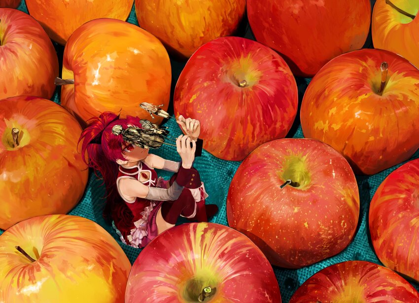 1girl absurdres apple bare_shoulders black_bow bow commentary_request detached_sleeves dress food fruit hair_bow high_ponytail highres knees_up long_hair magical_girl mahou_shoujo_madoka_magica mahou_shoujo_madoka_magica_(anime) mihifu mini_person minigirl ponytail puppet red_dress red_eyes red_hair red_thighhighs sakura_kyoko sakura_kyoko_(magical_girl) sitting soul_gem surreal symbolism thighhighs